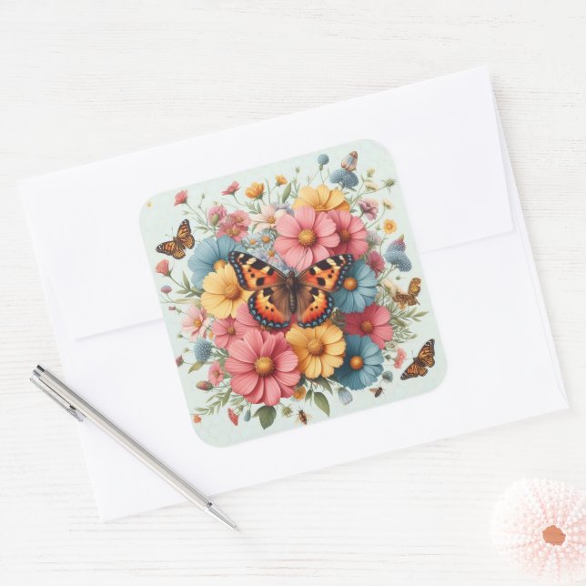 Butterflys and flowers pattern square sticker (Envelope)