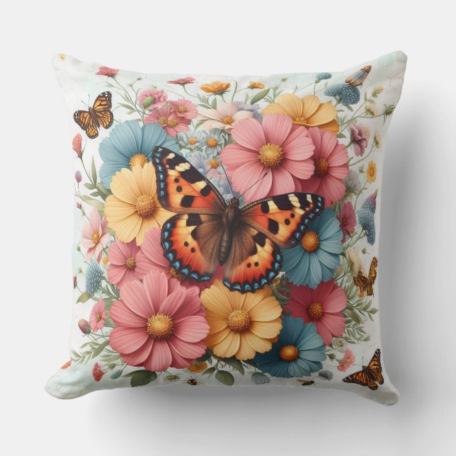 Butterflys and flowers pattern throw pillow (Front)