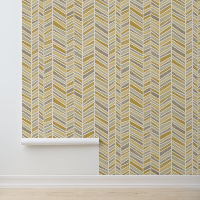 Butterscotch Yellow and Taupe Herringbone Wallpaper (Application)