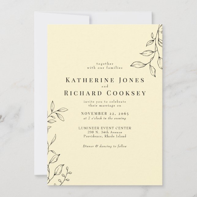 Buttery Yellow Modern Foliage  Simple Wedding Invitation (Front)
