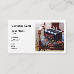 Button Accordion on Chair With Flowered Seat Business Card