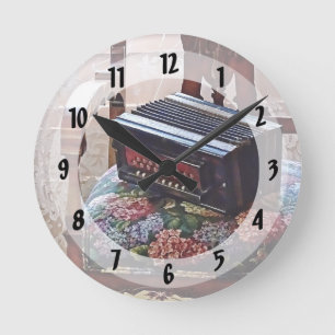 Button Accordion on Chair With Flowered Seat Round Clock