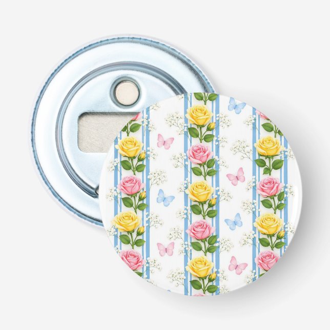 Button Bottle Opener Blue Pink Yellow Rose Floral (Front)