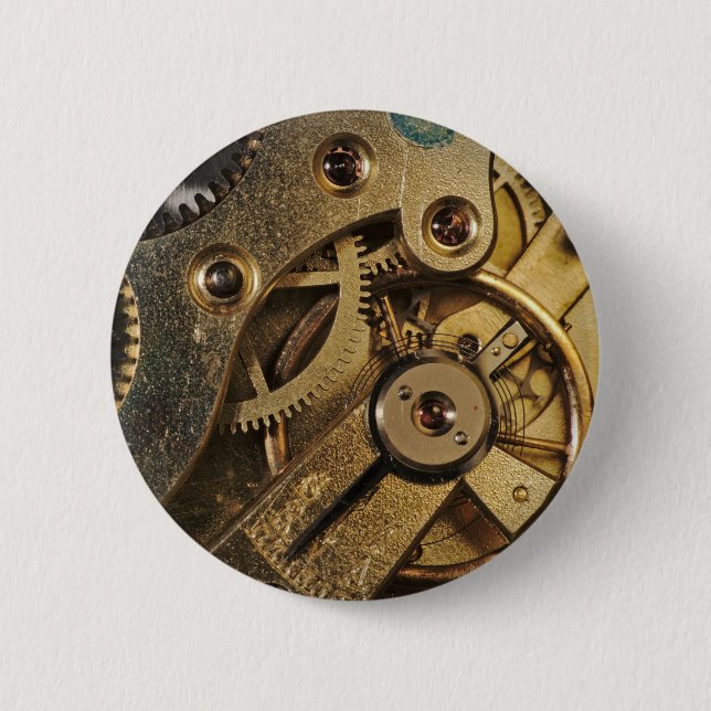 Button: Brass Hearted. Watch Mechanism 2 Inch Round Button (Front)
