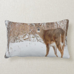 Button Buck Deer in Winter White Snowy Field Lumbar Pillow
