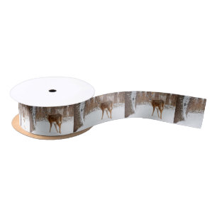 Button Buck Deer in Winter White Snowy Field Satin Ribbon