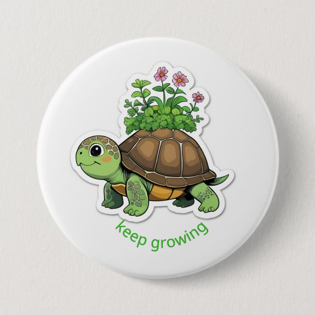 Button Cute baby turtle carrying a tiny garden on  (Front)