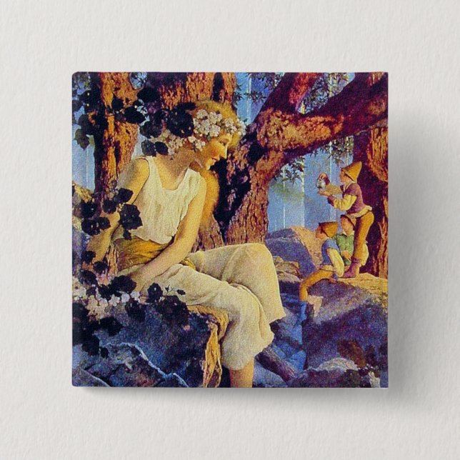 Button: Girl with Elves - by Maxfield Parrish 2 Inch Square Button (Front)