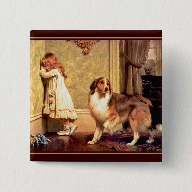 Button: Girl with Pet Sheltie 2 Inch Square Button (Front)