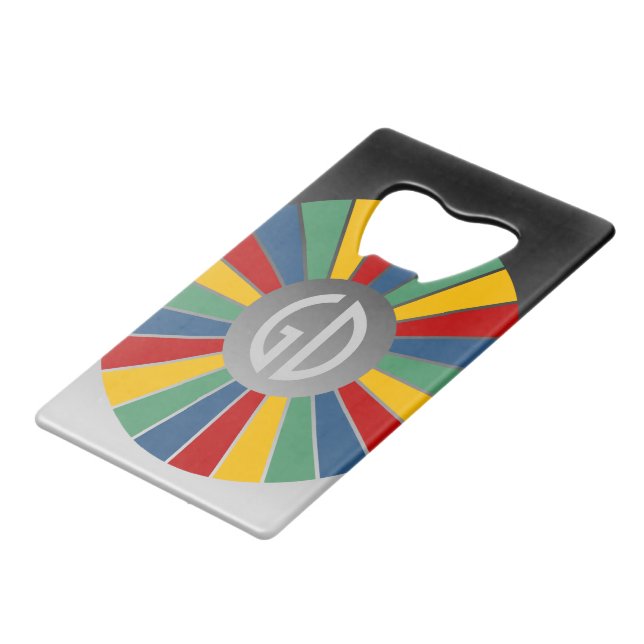 BUTTON ROUND RAYS I + your monogram Credit Card Bottle Opener (Front Angled)