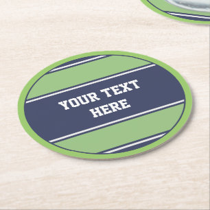 BUTTON ROUND stripes matt blue green + your text Paper Coaster