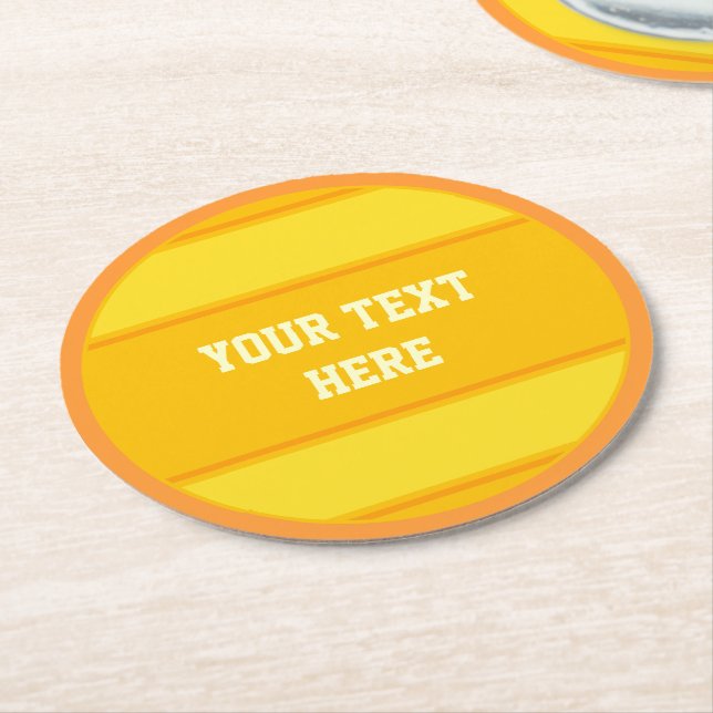 BUTTON ROUND stripes orange yellow + your text Paper Coaster (Angled)