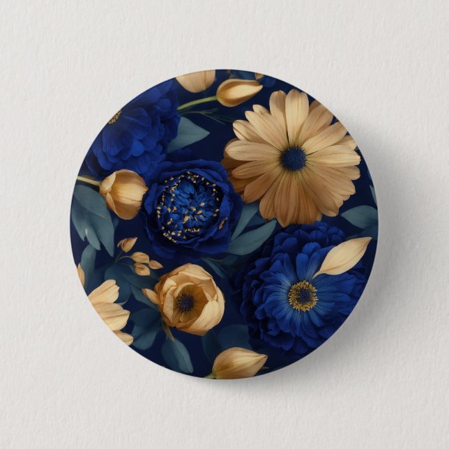 Button."Royal Indigo Florals: Luxurious Dark Blue  2 Inch Round Button (Front)