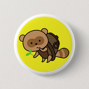 Button - TeaKettle Tanuki with Leaves - Yellow