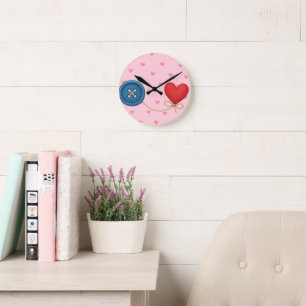  Button & Thread of Love – Cute Heart Design Round Clock