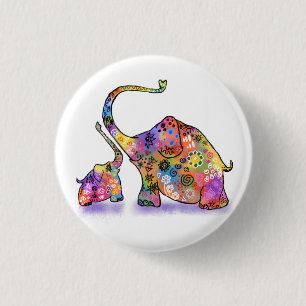 Button with Cute Baby and Mom Elephants