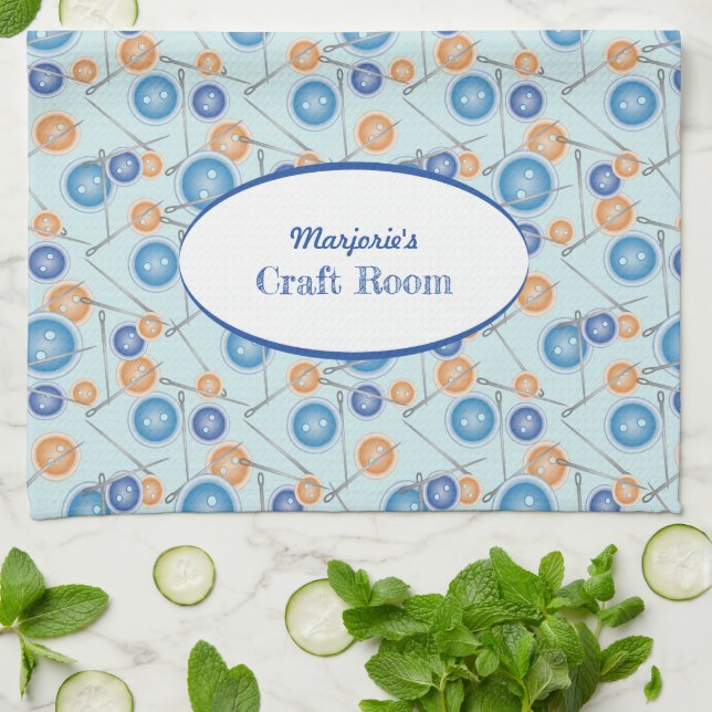 Buttons and Sewing Needles Personalized Kitchen Towel (Folded)