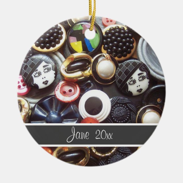 Buttons Flapper Black and White Ceramic Ornament (Front)