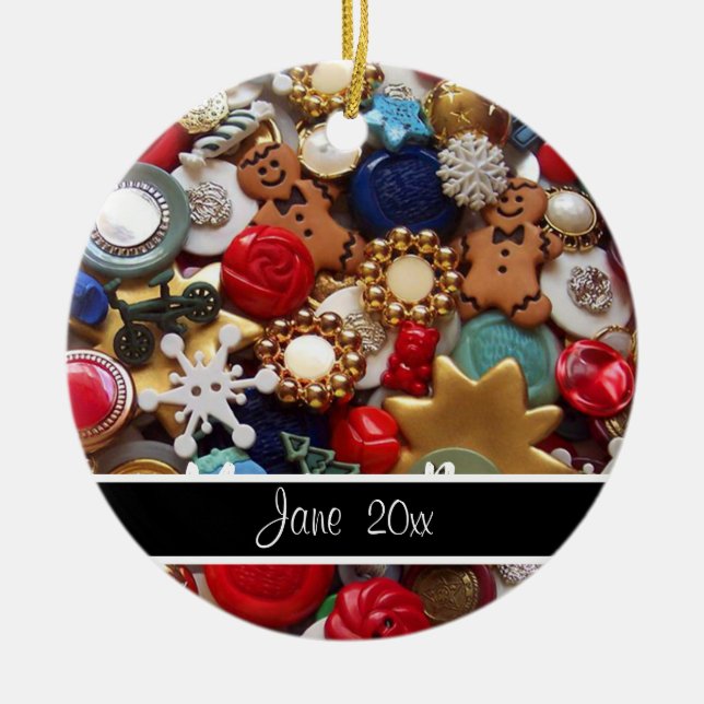 Buttons Gingerbread Men Christmas Tree Ceramic Ornament (Front)