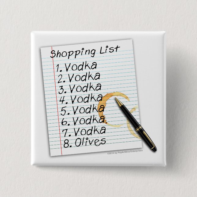 BUTTONS, VODKA SHOPPING LIST 2 INCH SQUARE BUTTON (Front)