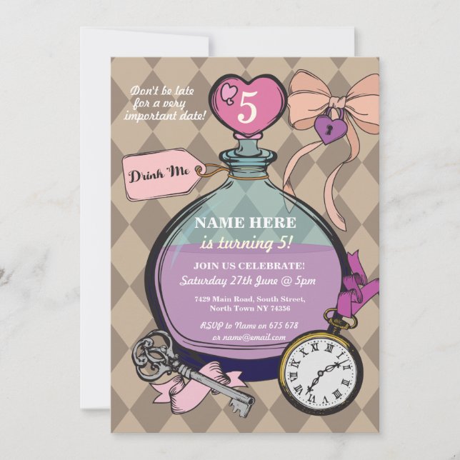 Buvez-moi invitation Alice dans l'anniversaire du (Devant)