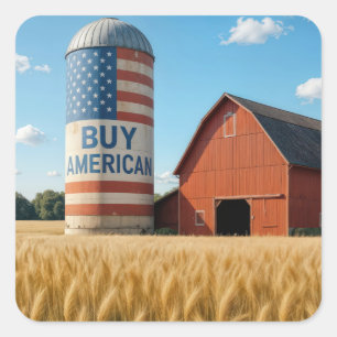 BUY AMERICAN Text With Flag On a Barn Silo Square Sticker