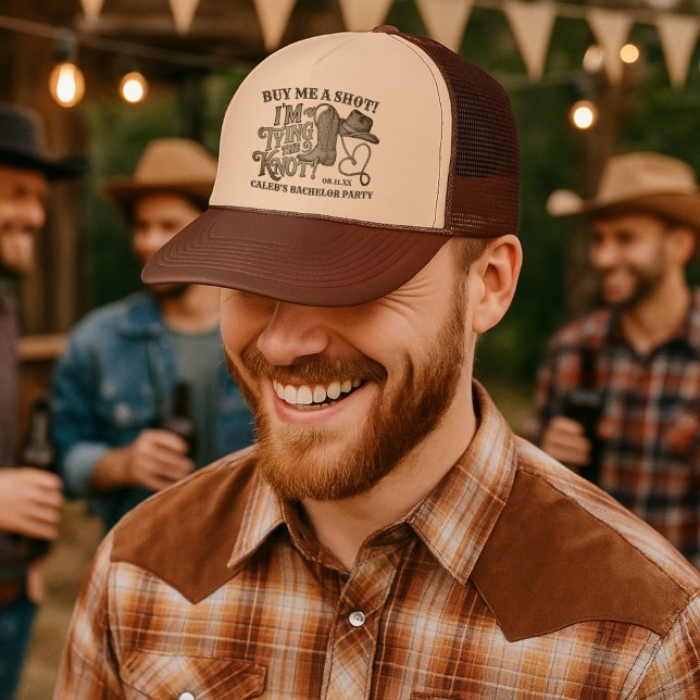 Buy Me a Shot Tying Knot Cowboy Bachelor Party Trucker Hat (Creator Uploaded)