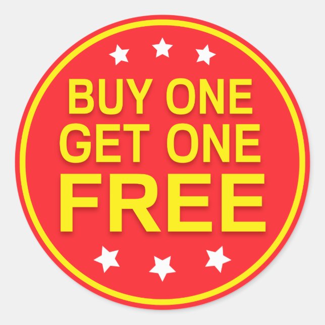 Buy one get one free, red yellow retail stickers (Front)