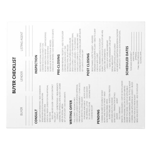 BUYER CHECKLIST NOTEPAD FOR REALTOR (Front)