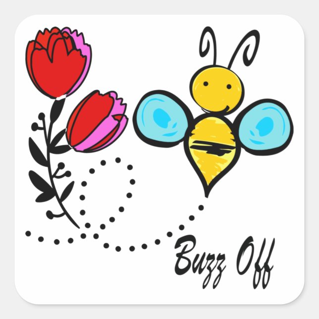 Buzz Off - Cute Bee And Flower Square Sticker (Front)