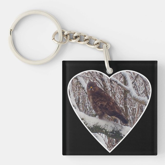 Buzzard on Snowy Branch in Heart  Keychain (Front)