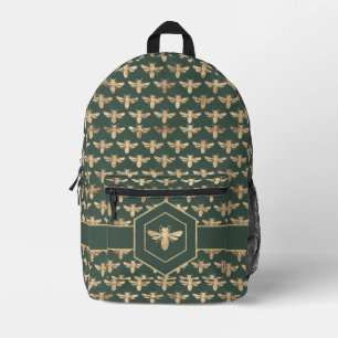 Buzzz- Elegant Gold HoneyBee Pattern on Dark Green Printed Backpack