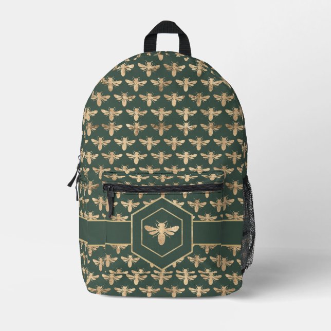 Buzzz- Elegant Gold HoneyBee Pattern on Dark Green Printed Backpack (Front)