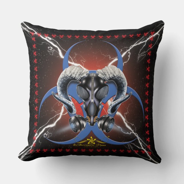 BW! BIOHAZARD WARNING! SKULL THROW PILLOW (Front)