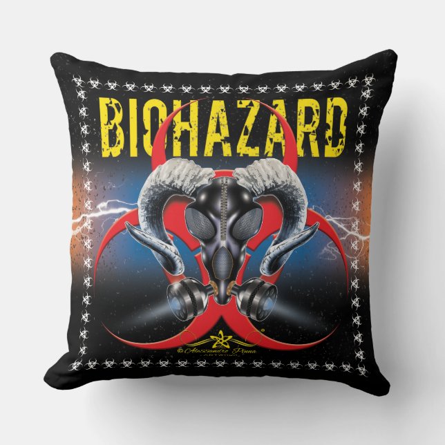 BW! BIOHAZARD WARNING! SKULL THROW PILLOW (Front)