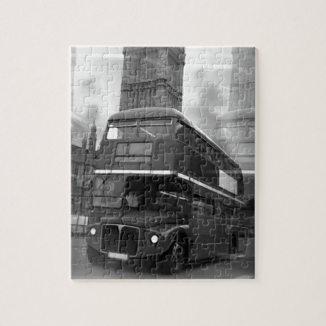 BW Black & White London Bus & Big Ben Jigsaw Puzzle (Vertical)