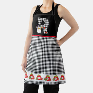 BW Buffalo Checks Pattern Monogram R   Snowman Apron