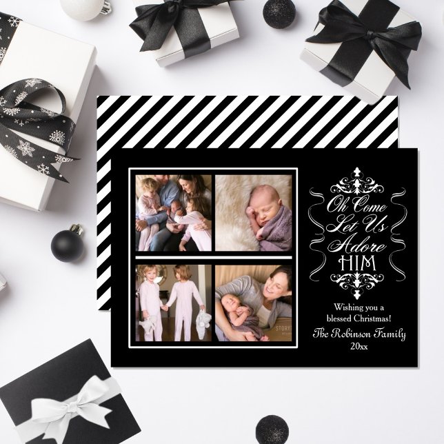 BW Oh Come Let Us Adore Him Christmas Photo Holiday Card (Send Christmas wishes to your recipients with this "Oh Come Let Us Adore Him" monochrome photo card.)