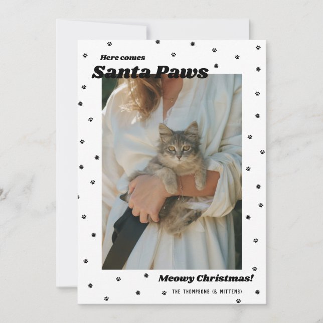 BW Santa Paws Meowy Christmas Cat Photo Card (Front)