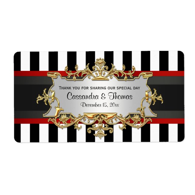 BW Stripe, Black Red Ribbon H Wine Bottle Label (Front)