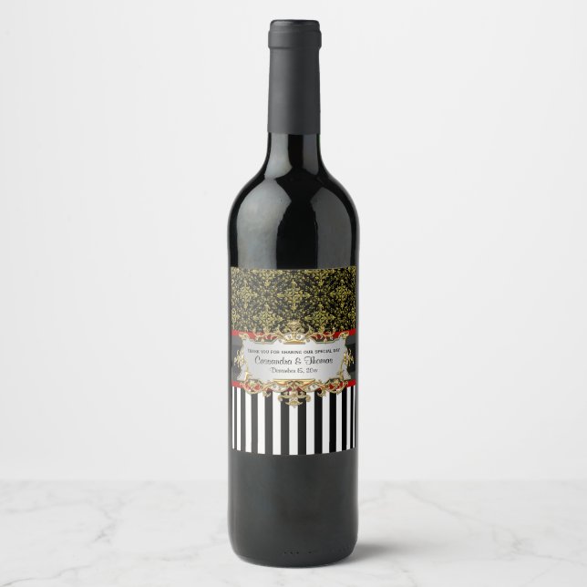 BW V Stripe, Black Gold Damask Wine Bottle Label (Front)
