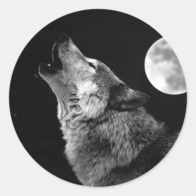 BW Wolf Howling at Moon Classic Round Sticker (Front)