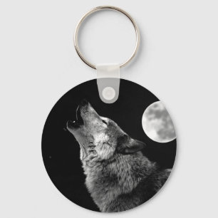 BW Wolf Howling at Moon Keychain