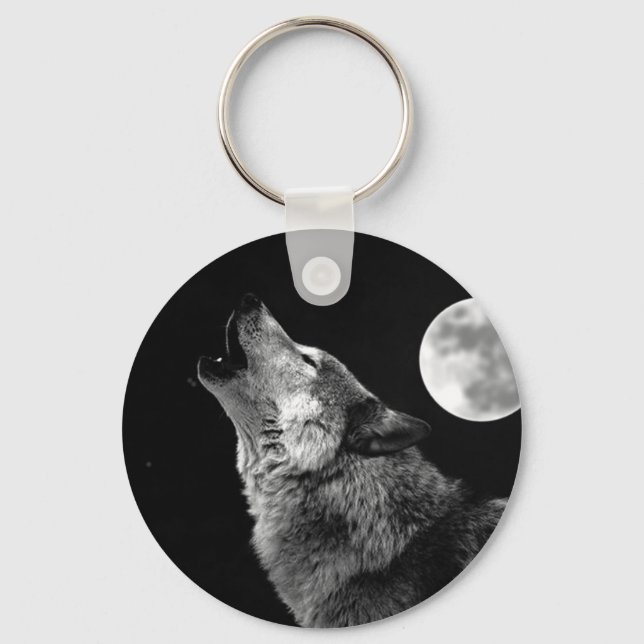 BW Wolf Howling at Moon Keychain (Front)