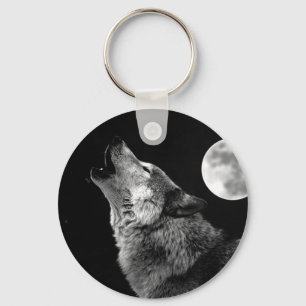 BW Wolf Howling at Moon Keychain