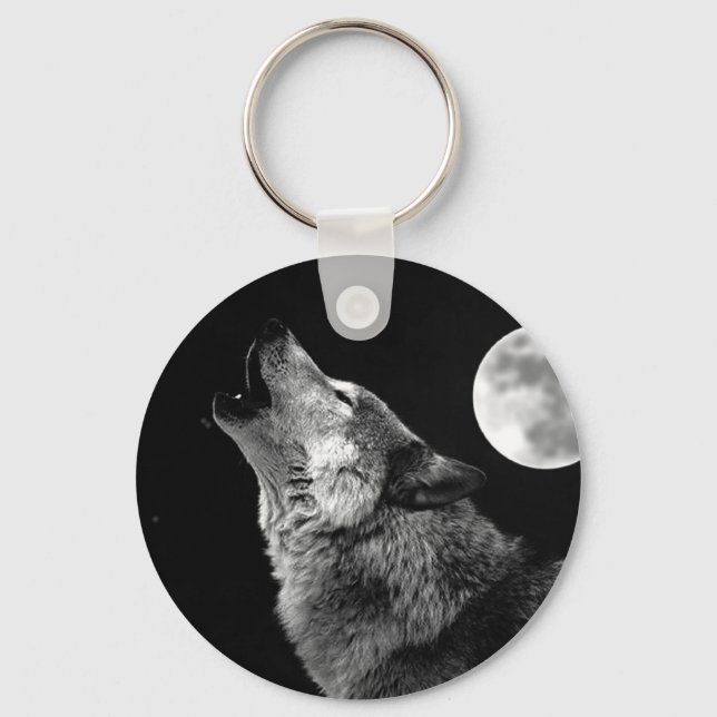 BW Wolf Howling at Moon Keychain (Front)