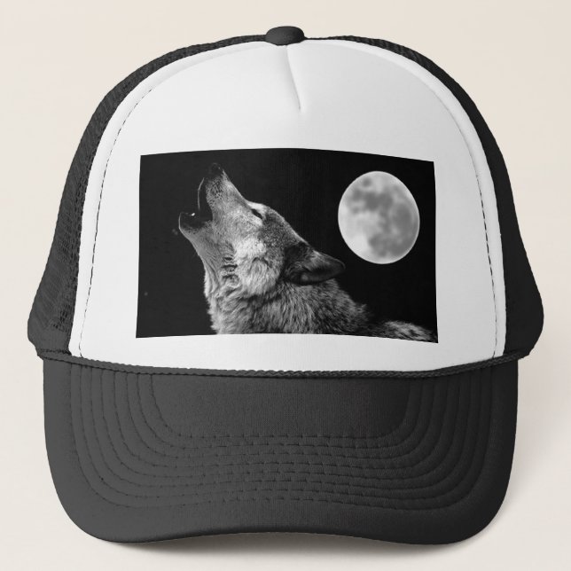 BW Wolf Howling at Moon Trucker Hat (Front)
