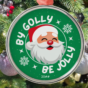 By Golly Be Jolly Cute Bright Green Santa Metal Ornament