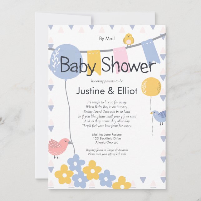 By Mail Balloons and Birds Boy Baby Shower Invitation (Front)