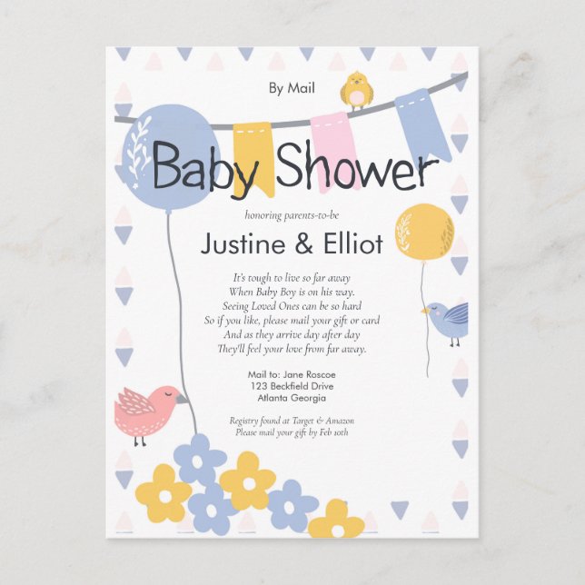 By Mail Balloons and Birds Boy Baby Shower Postcard (Front)